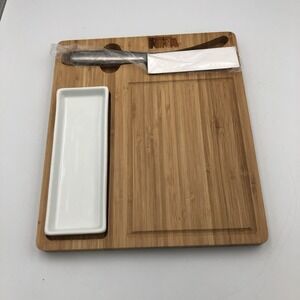 NRA PICNIC‎  BAMBOO WOOD CHEESE BOARD KNIFE CERAMIC DISH NEW NO BOX